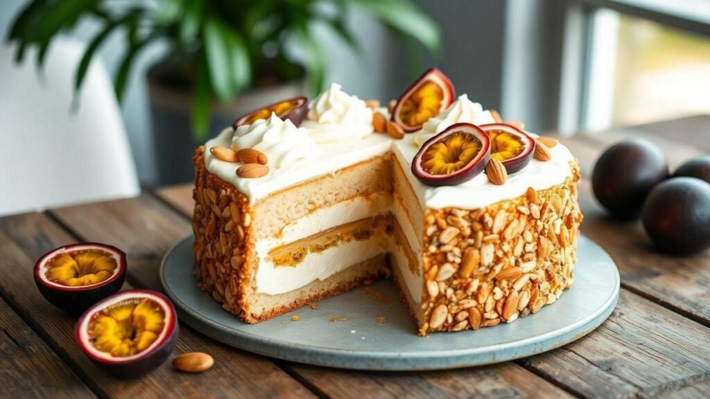 bolo-de-amendoas-com-recheio-de-mousse-de-maracuja-e-cobertura-de-chantilly-sabor-tropical-para-come