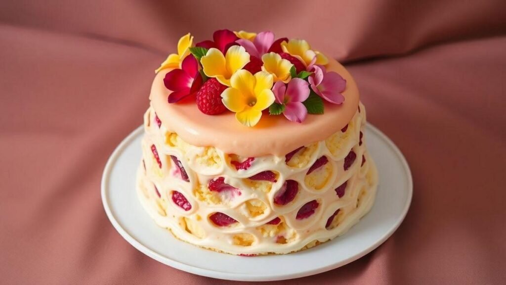 bolo-de-baunilha-com-recheio-de-creme-de-framboesa-e-cobertura-de-flores-comestiveis-a-docura-perfei